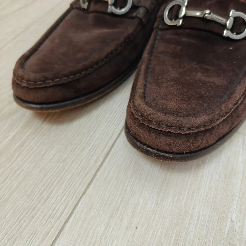 Salvatore Ferragamo Mens Loafers 11 D Brown Suede Gancini Bit Moc Toe Luxury